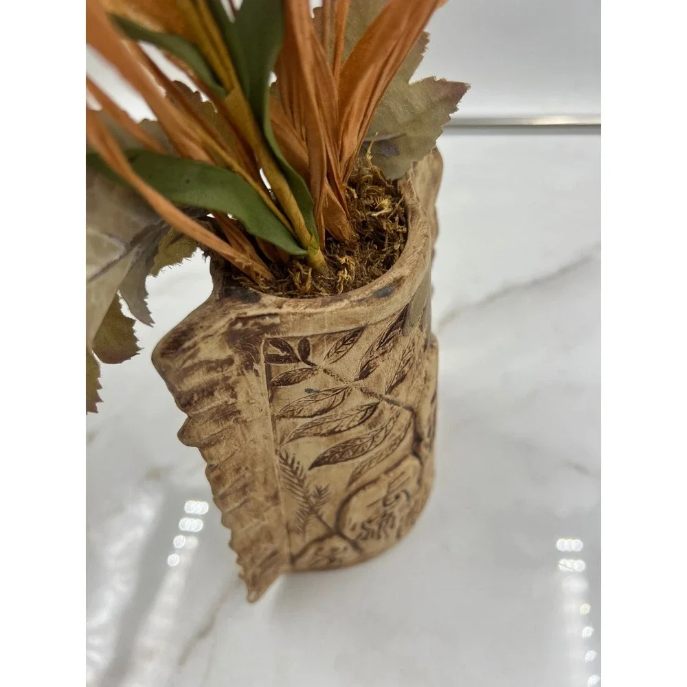 Vintage Asian Ceramic Vase with Chinese Calligraphy and Dried Floral Arrangement